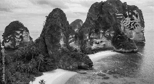 Rock formations stand majestically on the beach surrounded by water and lush vegetation from a distant viewpoint