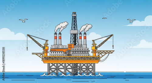 Offshore oil rig platform in the ocean with smoke stacks.