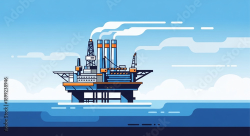 Offshore oil rig platform in the ocean with smoke stacks emitting steam.
