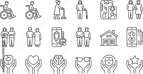 Elderly care and support icons set