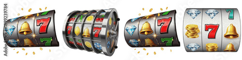 Set of realistic slot machine reels with lucky seven and diamond symbols isolated on white