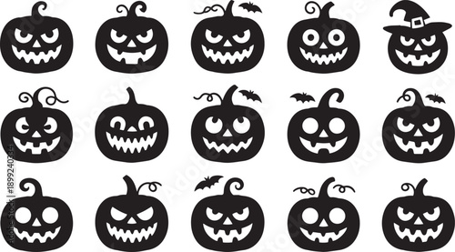 Halloween jackolanterns with different facial expressions isolated on transparent background