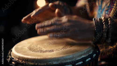 Hands playing djembe drum during rehearsal, Hands rhythmically playing a djembe drum during a rehearsal session