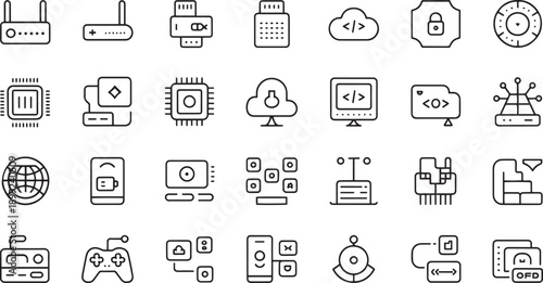 Set of technology and computer icons on transparent background