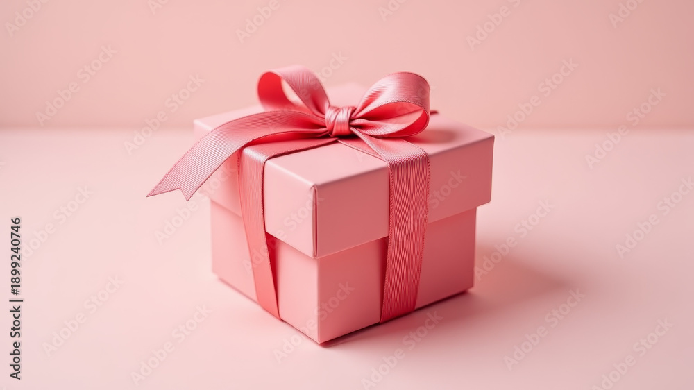 Obraz premium Pink gift box with silver ribbon on red background symbolizing romantic surprise for Valentine’s celebration