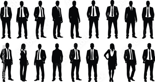 Business people silhouettes standing confidently, professional men and women figures, corporate leadership, teamwork, success, and workplace diversity concept