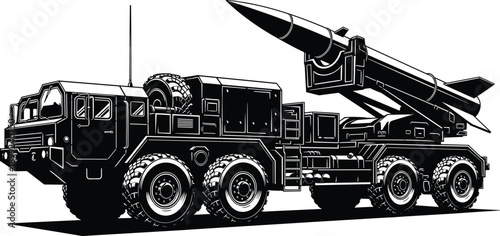 Military, ballistic, missile, launcher, truck, silhouette, on, white, background, tactical, army, vehicle, defense, system, weapon, heavy, transport, artillery, rocket, mobile, unit, vector,