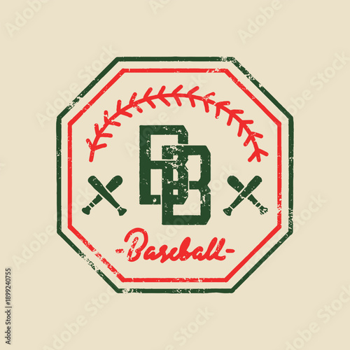 Vintage octagon badge with crossed bats and “BB” initials in center, framed with baseball stitching detail