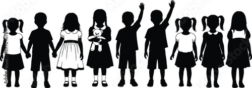 Diverse Group of Happy Children Silhouettes Standing Together Holding Hands and Raising Arms for Elementary Education Design Projects