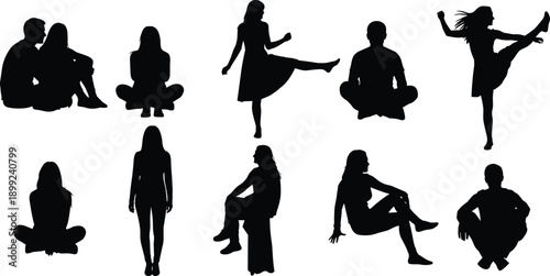 Diverse Collection of Men and Women Silhouettes Featuring Sitting Standing Dancing and Relaxing Poses for Creative Design Projects