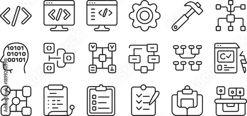 Set of icons representing software development and project management