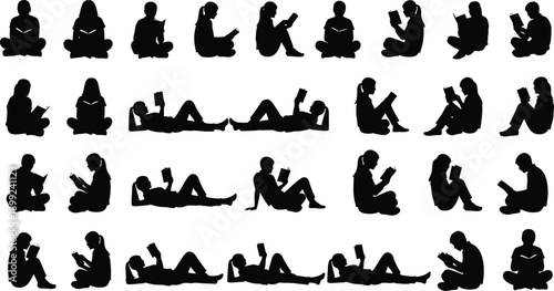 Silhouette collection of diverse people reading books in sitting and lying down positions isolated on white background, education.
