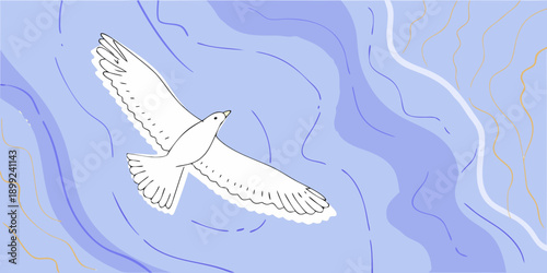 A white dove in flight against a swirling blue and gold background