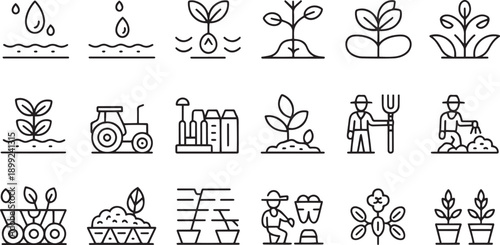 Farming and gardening icons set with various agricultural activities