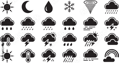 Weather icons set with various weather conditions and natural phenomena