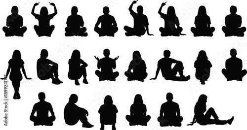 Silhouette of diverse people sitting in floor in various yoga meditation and relaxed poses for conceptual flat vector design
