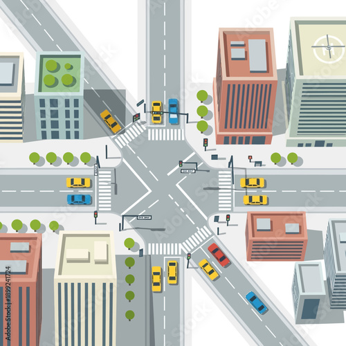 Aerial View of Busy City Intersection with Cars and Buildings