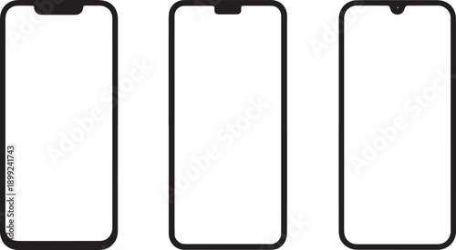 Three smartphone outlines with notches isolated on transparent background