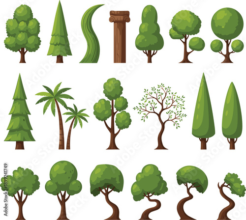 Set of various stylized green tree illustrations including pine palm deciduous and topiary shapes with a classical stone column on grey background