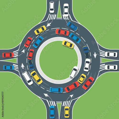 Busy roundabout traffic jam, cars stuck in traffic congestion, urban transport concept