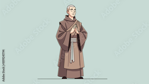 Spiritual Monk Meditating in Traditional Robes. Serene Prayer Pose. Flat Vector Illustration.