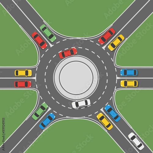Aerial View of Busy Roundabout with Colorful Cars and Traffic Flow