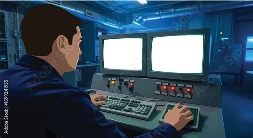 Skilled technician diligently monitoring and managing complex industrial systems within a high-tech control room environment, analyzing crucial data on dual screens