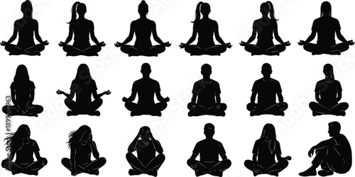 Silhouette set of people sitting on floor in yoga meditation lotus and relaxed poses for zen wellness vector design
