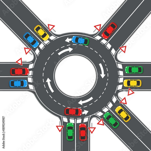Roundabout Traffic Intersection with Cars, Traffic Flow and Road Signs