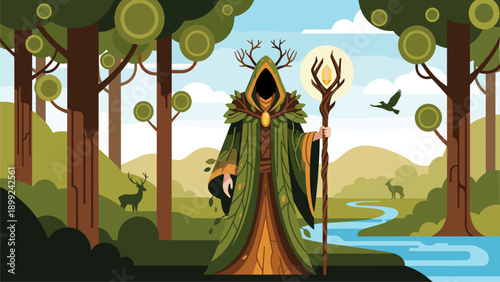 Mystical Forest Guardian with Antlers and Staff in Enchanted Woodland. Flat design nature spirit illustration.