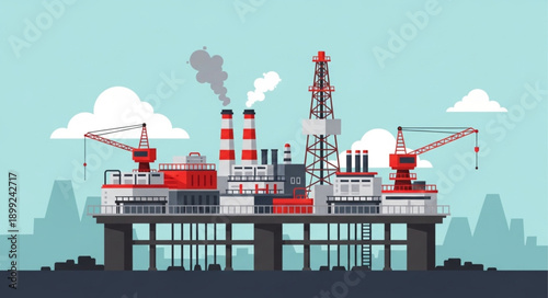 Offshore oil rig platform with cranes and smoke stacks.