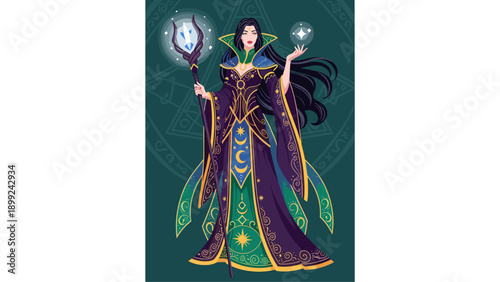 Fantasy Sorceress in Regal Gown with Magic Staff and Celestial Power