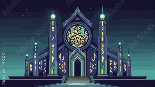 Mystical Pixel Art Temple with Stained Glass Window at Night