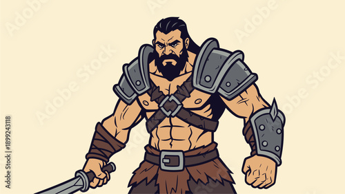 Powerful Bearded Fantasy Warrior with Sword and Armor Illustration