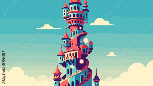 Whimsical Fantasy Castle Tower Illustration with Spiraling Architecture under a Blue Sky