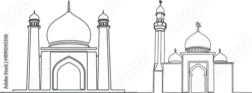Line art illustration of two islamic mosques with domes and minarets