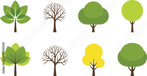 Set of minimalist flat design tree icons featuring leafy summer trees bare winter trees and geometric shapes isolated on grey background