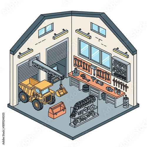 Industrial Workshop with Machinery and Tools Inside.
