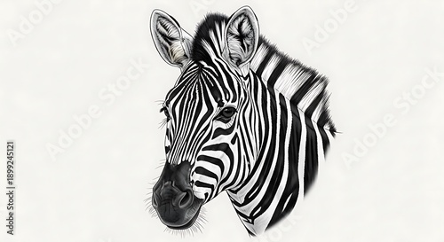 Captivating monochrome illustration of a zebra's head, showcasing intricate black and white stripes and expressive features with artistic detail and realism