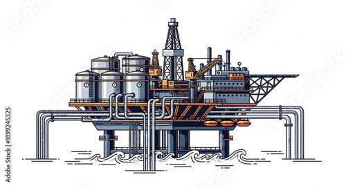 Offshore oil rig platform industrial structure illustration.