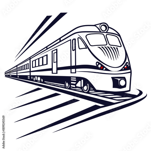 A sleek, modern train traveling at high speed on a railway track.