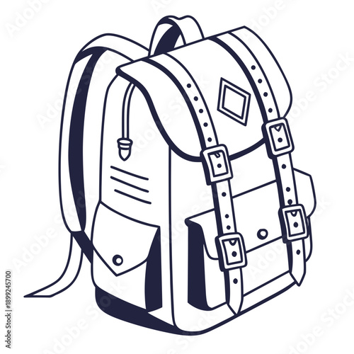 A detailed illustration of a backpack with various compartments and pockets.