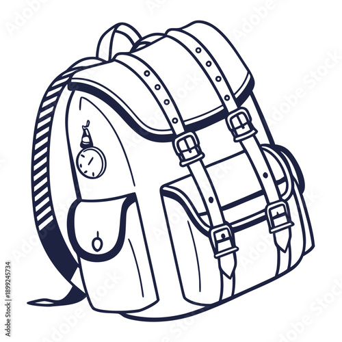 A detailed illustration of a backpack with various compartments and straps.
