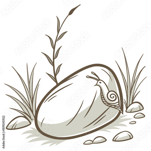A serene seashell resting on a sandy beach with a small plant growing nearby