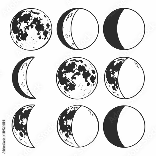 Phases of the moon illustrated with simple black and white drawings