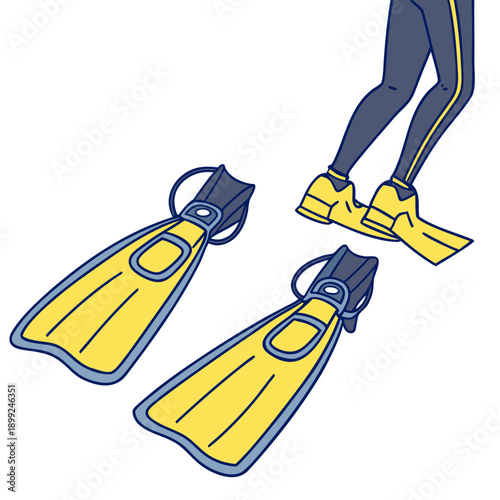 A pair of yellow and blue flippers with a strap attached to them.