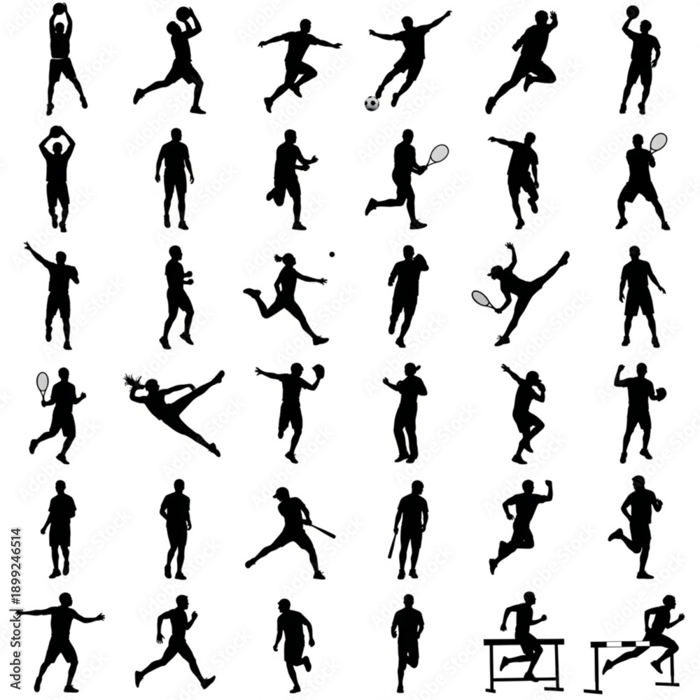 Fototapeta premium Black and white sports player silhouettes in action poses arranged in grid layout