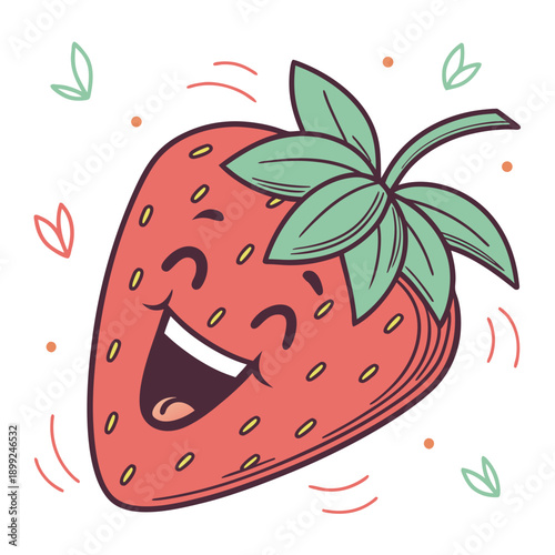 A cheerful animated strawberry with a big smile and dancing leaves