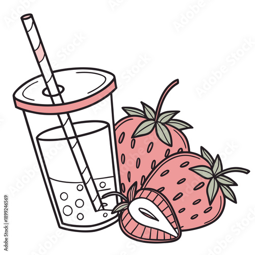 A refreshing strawberry smoothie in a clear glass with a straw and ice cubes.
