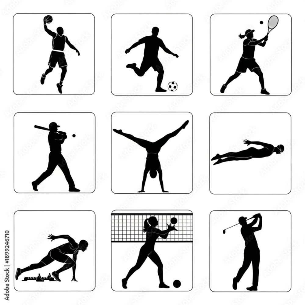 Fototapeta premium Black and white sports player silhouettes in action poses arranged in grid layout